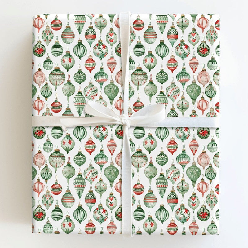 Red and Green Baubles Gift Wrap, Watercolor Ornament Wrapping Paper, Festive Christmas Tree Wrapping Paper, Retro Holiday Wrapping Paper
