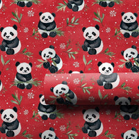 Red Holiday Panda Gift Wrap, Adorable Panda Bear Christmas Wrapping Paper, Festive Snowflake Wrapping Paper, Kids Animal Present Paper