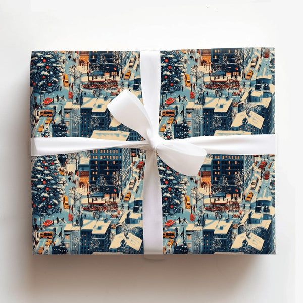 Yellow Taxi Cab Holiday Gift Wrap, Snowy City Christmas Wrapping Paper, Winter Street Scene Gift Wrap Paper, Urban Christmas 