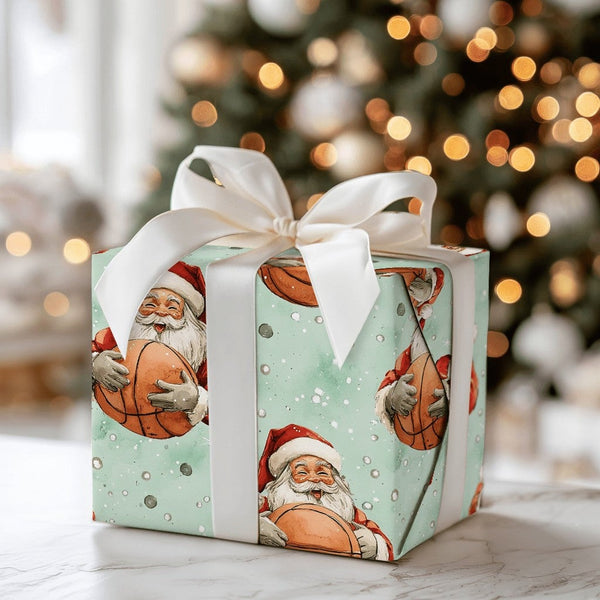 Sports Christmas Wrapping Paper, Basketball Santa Wrapping Paper, Mint Green Holiday Gift Wrap, Basketball Player Wrapping Pa