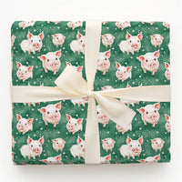 Adorable Watercolor Piglet Gift Wrap, Winter Pig Christmas Wrapping Paper, Dark Green Animal Wrapping Paper, Whimsical Holiday Present Gift Wrap