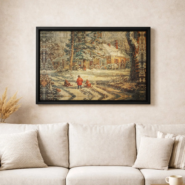 Snowy Cottage Canvas Art, Vintage Winter Scene Canvas Print, Comfy Winter Landscape Wall Art, Nostalgic Christmas Canvas, Hol