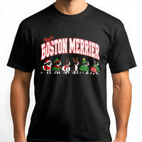 Humorous Boston Terrier Holiday Tee, Boston Merrier Boston Terrier Christmas Shirt, Retro Christmas Dog T-Shirt, Dog Lover Xmas Graphic Tee