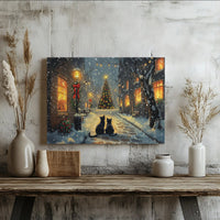 Snowy Village Holiday Street Canvas Wall Art, Black Cat Christmas Canvas Print, Winter Cat Landscape Canvas, Holiday Home Decor Present