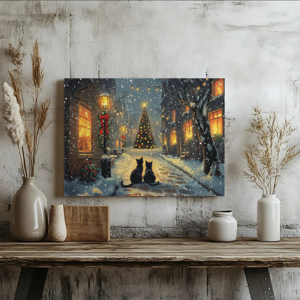 Snowy Village Cat Print, Black Cat Christmas Canvas Wall Art, Holiday Black Cat Poster, Winter Cat Scene Digital Download