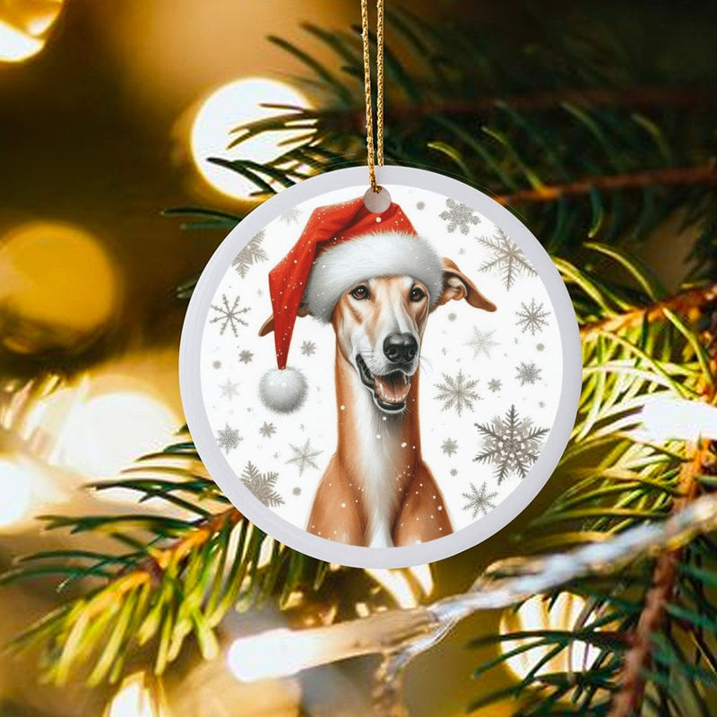 Festive Santa Hat Dog Ornament, Greyhound Christmas Ornament, Adorable Whippet Puppy Ceramic Ornament, Xmas Tree Decor, Present for Greyhound Mom