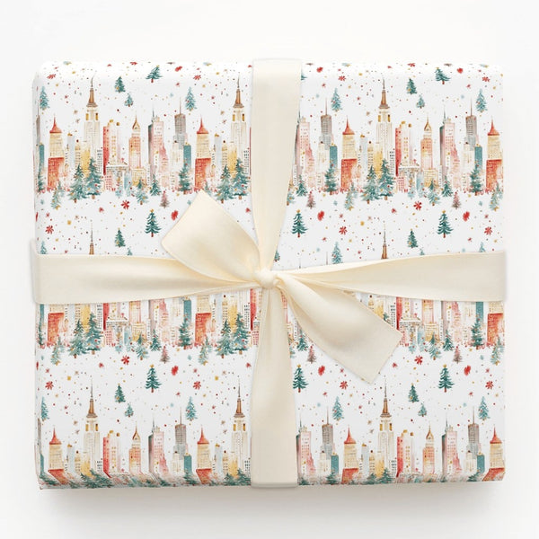 New York Holiday Gift Wrap, NYC Skyline Christmas Wrapping Paper, Watercolor Cityscape Wrapping Paper, Festive Winter Present