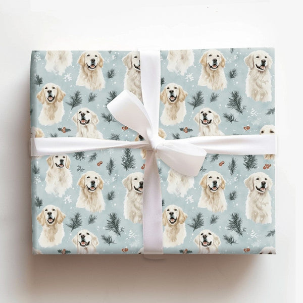 Winter Snowflake Dog Holiday Gift Wrap, Golden Retriever Christmas Wrapping Paper, Pine Berry Dog Lover Present Paper, Festiv