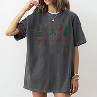 Minimalist Holiday Graphic Tee, Merry Christmas Tree and Bow T-Shirt, Coquette Christmas Bow Shirt, Adorable Festive Xmas Top for Women