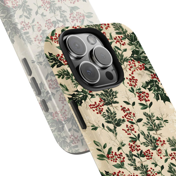 Botanical Red Berry Holiday Phone Case, Vintage Christmas Holly iPhone Case, Dual Layer Winter Phone Cover, Festive Xmas iPho