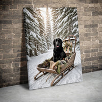 Snowy Forest Dog Portrait Print, Black Lab Winter Sled Canvas, Rustic Holiday Wall Canvas, Christmas Labrador Canvas Art, Dog Lover Present
