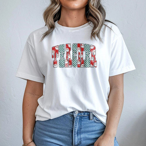 Santa Claus Checkered Shirt, Christmas Teacher T-Shirt, Adorable Teacher Christmas Tee, Festive Educator Graphic T-Shirt, Win