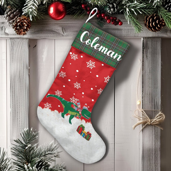 Red T-Rex Holiday Stocking, Personalized Dinosaur Christmas Stocking, Custom Name Dino Xmas Stocking, Adorable Kids Fireplace