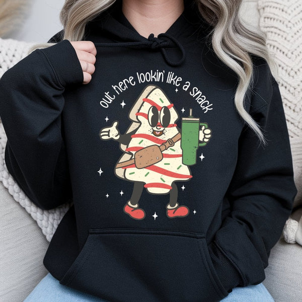 Retro Holiday Snack Cake Sweatshirt, Christmas Tree Cake Hoodie, Nostalgic Xmas Pullover, Humorous Christmas Graphic Hooded S