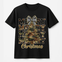 Leopard Bow Holiday Tree Graphic Shirt, Camo Merry Christmas T-Shirt, Rustic Western Xmas Tee, Southern Winter Holiday Shirt for Women