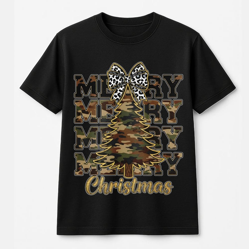 Leopard Bow Holiday Tree Graphic Shirt, Camo Merry Christmas T-Shirt, Rustic Western Xmas Tee, Southern Winter Holiday Shirt for Women