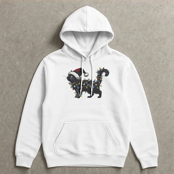 Santa Hat Cat Tangled in Lights Hooded Sweatshirt, Humorous Black Cat Christmas Hoodie, Grumpy Cat Holiday Pullover, Cat Love
