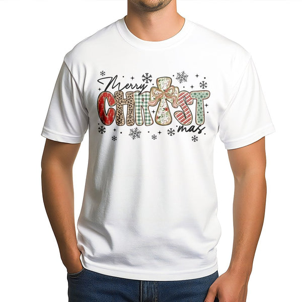 Leopard Plaid Religious Graphic Tee, Merry Christmas Cross T-Shirt, Christian Holiday Shirt, Faith Based Xmas Tee, Present fo