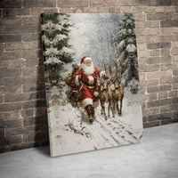 Snowy Forest Santa Canvas Print, Vintage Santa Claus Canvas Art, Rustic Reindeer Wall Art, Christmas Holiday Canvas Decor, Winter Wall Print