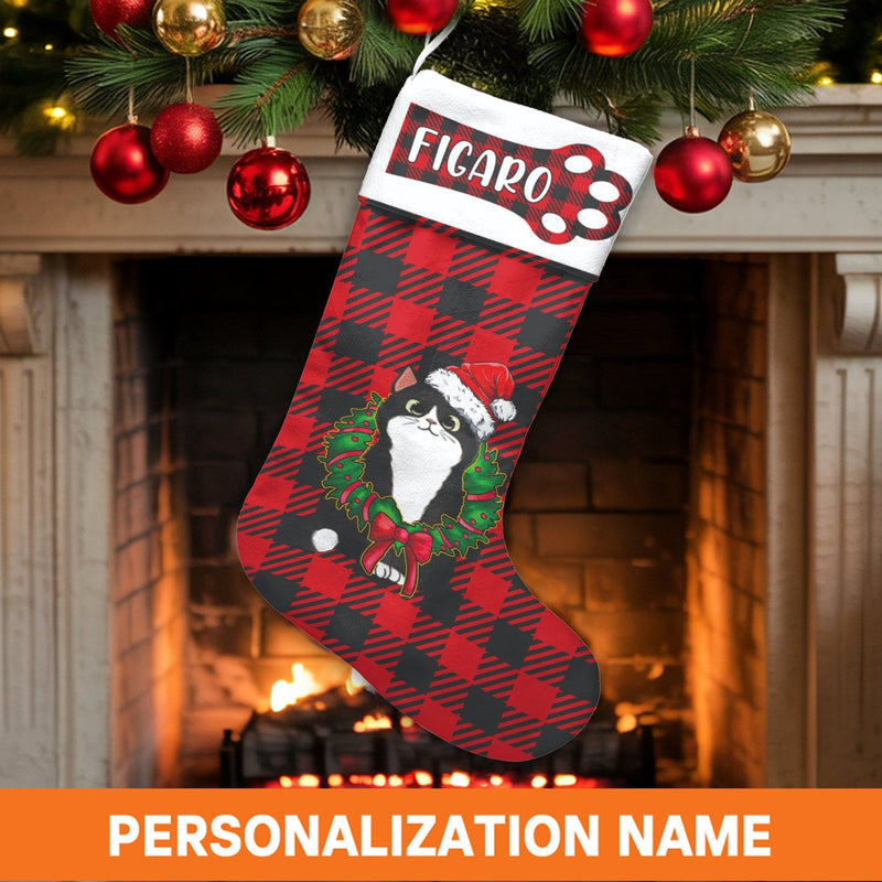 Red Buffalo Plaid Holiday Stocking, Personalized Black Cat Christmas Stocking, Custom Pet Name Stocking, Velboa Cat Lover Holiday Decor