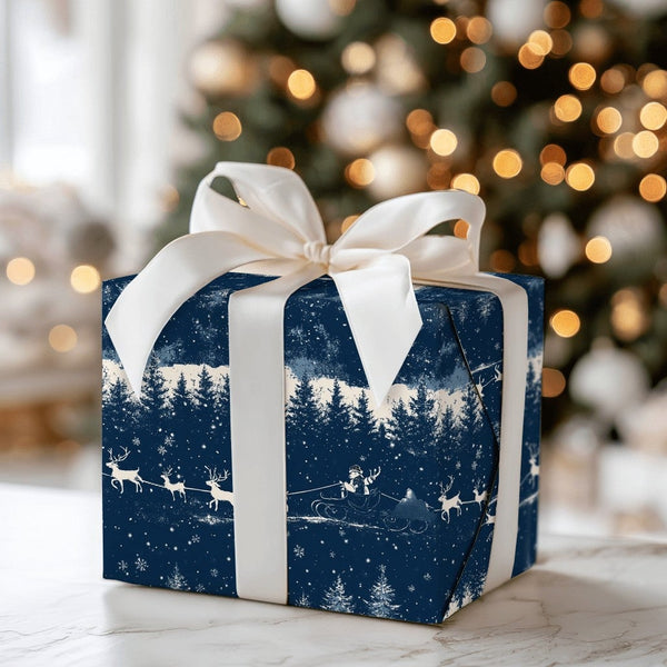 Reindeer Night Wrapping Paper, Santa Sleigh Christmas Wrapping Paper, Winter Forest Holiday Gift Wrap, Navy Blue Xmas Wrappin