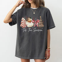 Coquette Bow Holiday Graphic Tee, Retro Santa Leopard Print Christmas Tree T-Shirt, Trendy Western Xmas Shirt, Adorable Festive Present