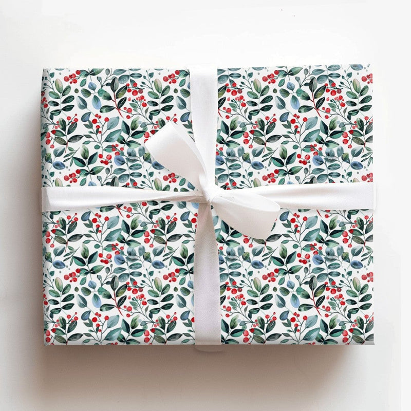Botanical Christmas Gift Wrap, Watercolor Holly Berry Wrapping Paper, Winter Greenery Present Wrap, Festive Holiday Wrapping Paper Roll