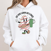 Retro Snack Cake Holiday Hooded Sweatshirt, Christmas Tree Cake Hoodie, Adorable Cartoon Christmas Pullover, Sweet Treat Winter Hoodie