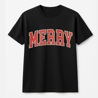 Retro Merry Christmas T-Shirt, Varsity Merry Christmas Shirt, Vintage Holiday Graphic Tee, Festive Christmas Crewneck Tee, Xmas Family Present