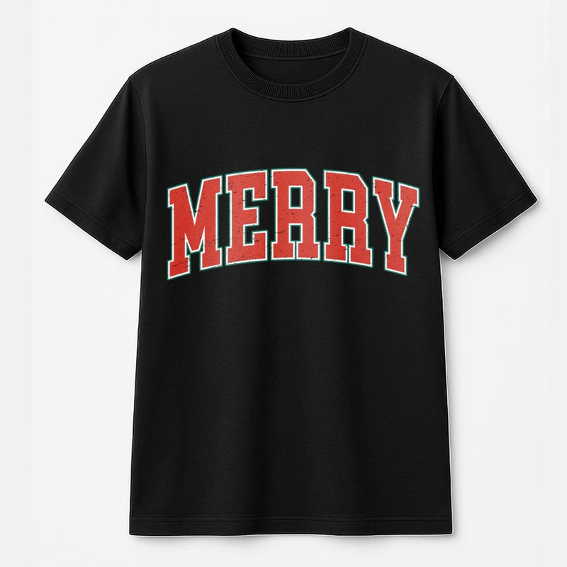 Retro Merry Christmas T-Shirt, Varsity Merry Christmas Shirt, Vintage Holiday Graphic Tee, Festive Christmas Crewneck Tee, Xmas Family Present