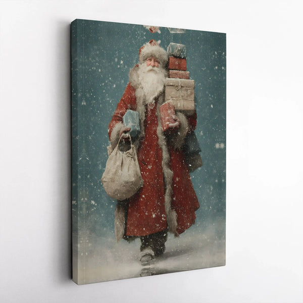 Nostalgic Winter Scene Canvas Print, Vintage Santa Claus Canvas Wall Art, Santa Presents Canvas Decor, Holiday Wall Art, Chri