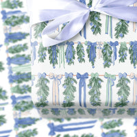 Blue Bows Christmas Gift Wrap, Watercolor Pine Garland Wrapping Paper, 90 GSM Fine Art Paper, Holiday Present Wrapping Paper Roll
