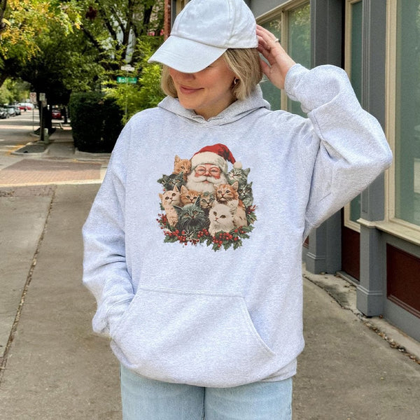 Retro Christmas Cat Graphic Sweatshirt, Santa Claus with Kittens Hoodie, Adorable Holiday Kitten Pullover, Festive Winter Hoo