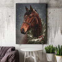 Brown Horse with Festive Wreath in Snow Canvas Print, Horse Christmas Wall Art, Winter Equestrian Canvas Art, Holiday Farmhouse Decor Present