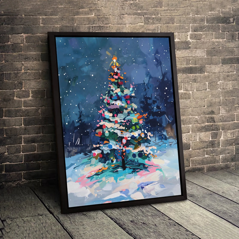 Snowy Night Holiday Canvas Print, Abstract Christmas Tree Canvas Art, Winter Painting Wall Decor, Xmas Home Decor, Digital Download Canvas
