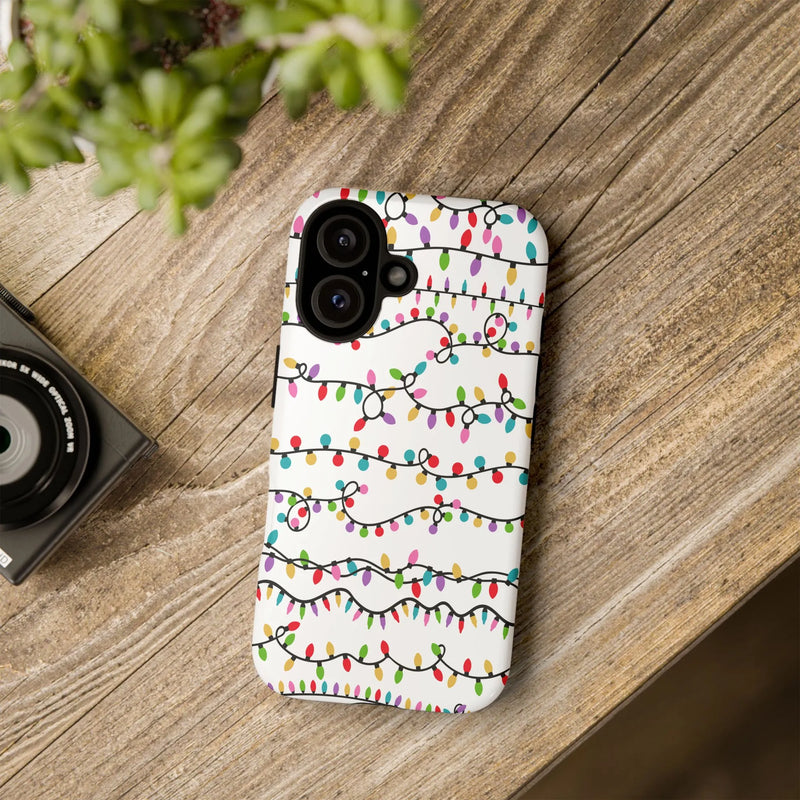 Holiday String Light Pattern Cover, Christmas Lights iPhone Case, Dual Layer Polycarbonate Case, Festive Winter Xmas Aesthetic Case