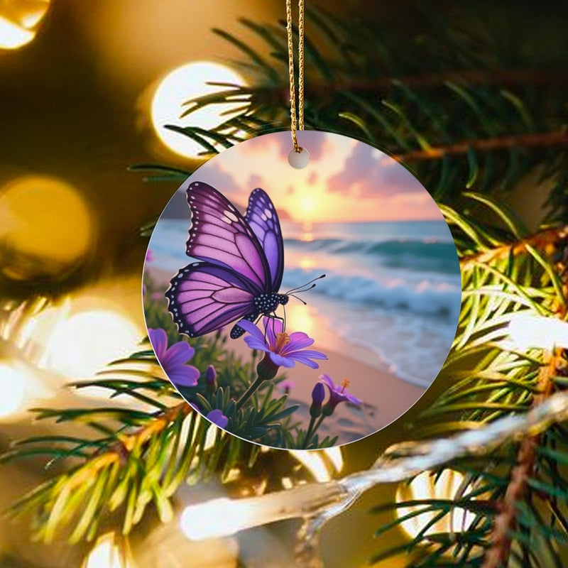 Sunset Beach Floral Tree Ornament, Purple Butterfly Ceramic Ornament, Nature Lover Christmas Ornament, Scenic Art Keepsake Decor Present