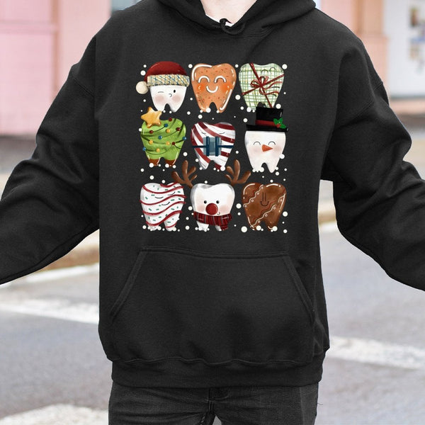 Humorous Holiday Teeth Graphic Hooded Sweatshirt, Christmas Dental Hoodie, Adorable Dentist Pullover, Dental Assistant Hygien