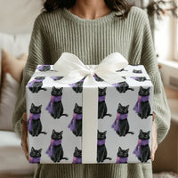 Cat in Purple Scarf Wrapping Paper, Black Cat Christmas Wrapping Paper, Adorable Kitten Holiday Wrapping Paper, Winter Gift Wrap for Cat Lovers