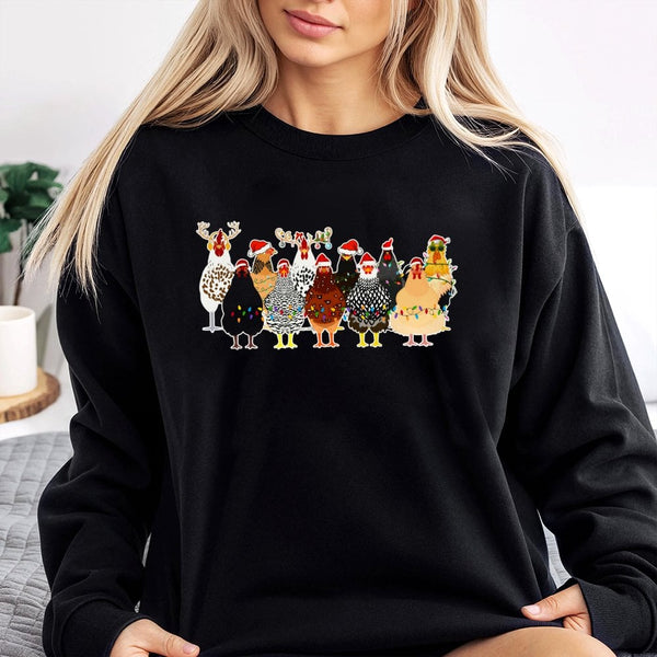 Santa Hat Hens Sweatshirt, Humorous Chicken Christmas Sweatshirt, Festive Farm Animal Crewneck, Xmas Lights Poultry Sweatshir