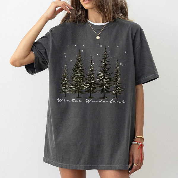 Snowy Forest Pine Tree T-Shirt, Winter Wonderland Shirt, Comfy Winter Tree Graphic Tee, Christmas Holiday Nature Shirt, Winte