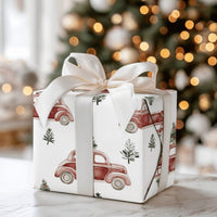 Classic Holiday Tree Gift Wrap, Vintage Red Car Christmas Wrapping Paper, Retro Auto Christmas Wrapping Paper, Seasonal Present Packaging