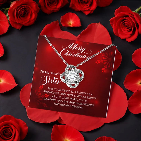 Rotating Rose Box, Sister Christmas Love Knot Necklace, CZ Crystal Pendant, Sentimental Sister Holiday Love Knot Jewelry Pres