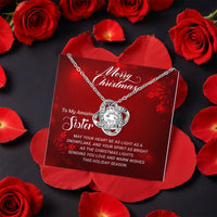 Rotating Rose Box, Sister Christmas Love Knot Necklace, CZ Crystal Pendant, Sentimental Sister Holiday Love Knot Jewelry Present for Her