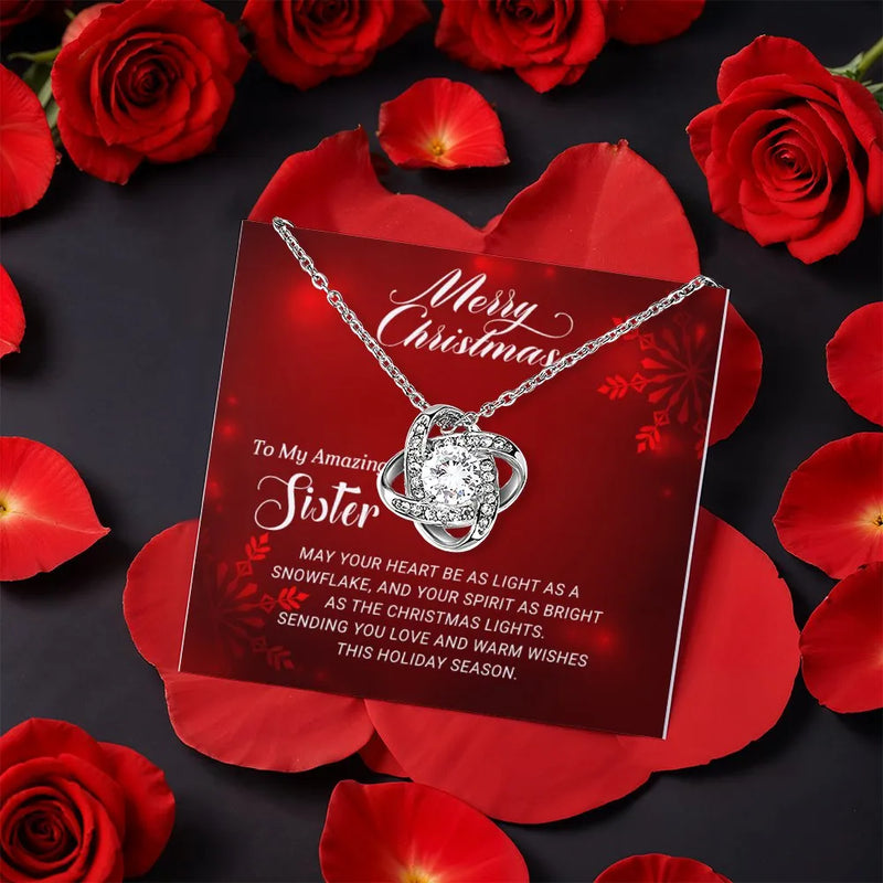 Rotating Rose Box, Sister Christmas Love Knot Necklace, CZ Crystal Pendant, Sentimental Sister Holiday Love Knot Jewelry Present for Her