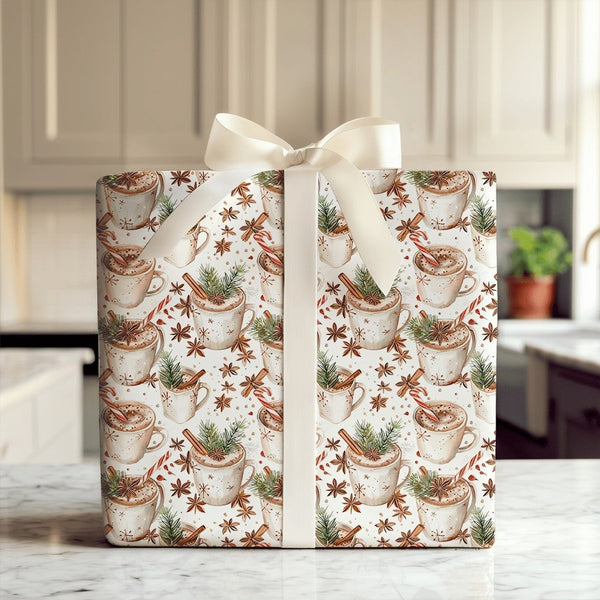 Comfy Winter Mug Gift Wrap, Hot Chocolate Christmas Wrapping Paper, Watercolor Cocoa Holiday Wrapping Paper, Festive Winter P