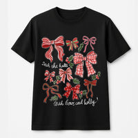 Festive Holly Pattern Graphic Tee, Christmas Bows T-Shirt, Adorable Coquette Xmas Shirt, Retro Holiday Aesthetic Top, Present for Her