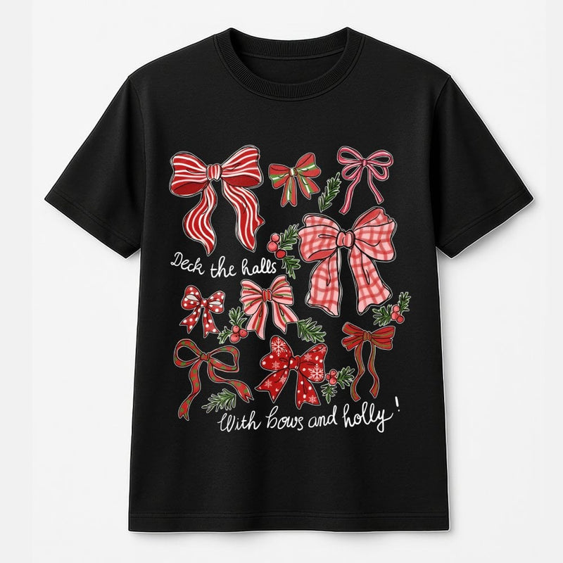 Festive Holly Pattern Graphic Tee, Christmas Bows T-Shirt, Adorable Coquette Xmas Shirt, Retro Holiday Aesthetic Top, Present for Her