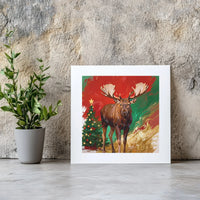 Painterly Winter Moose Canvas Print, Christmas Moose Square Canvas, Rustic Holiday Tree Canvas Wall Art, Nature Lover Christmas Decor