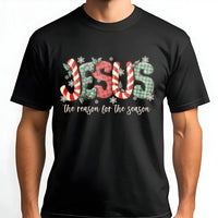 Plaid Candy Cane Christmas Shirt, Jesus the Reason for the Season T-Shirt, Christian Holiday Graphic Tee, Religious Faith Xmas Top